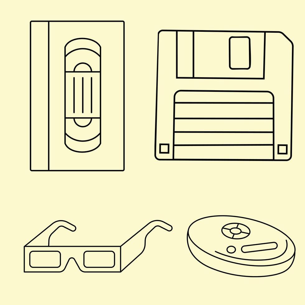 A set of 90s elements consisting of a VHS cassete, floppy disk, 3d glasses and a walkman. vector