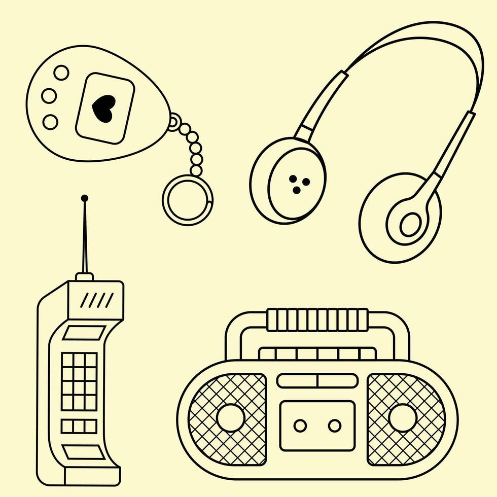 A set of 90s elements consisting of a digital pet toy, headphones, a landline telephone, and a radio tape recorder. vector