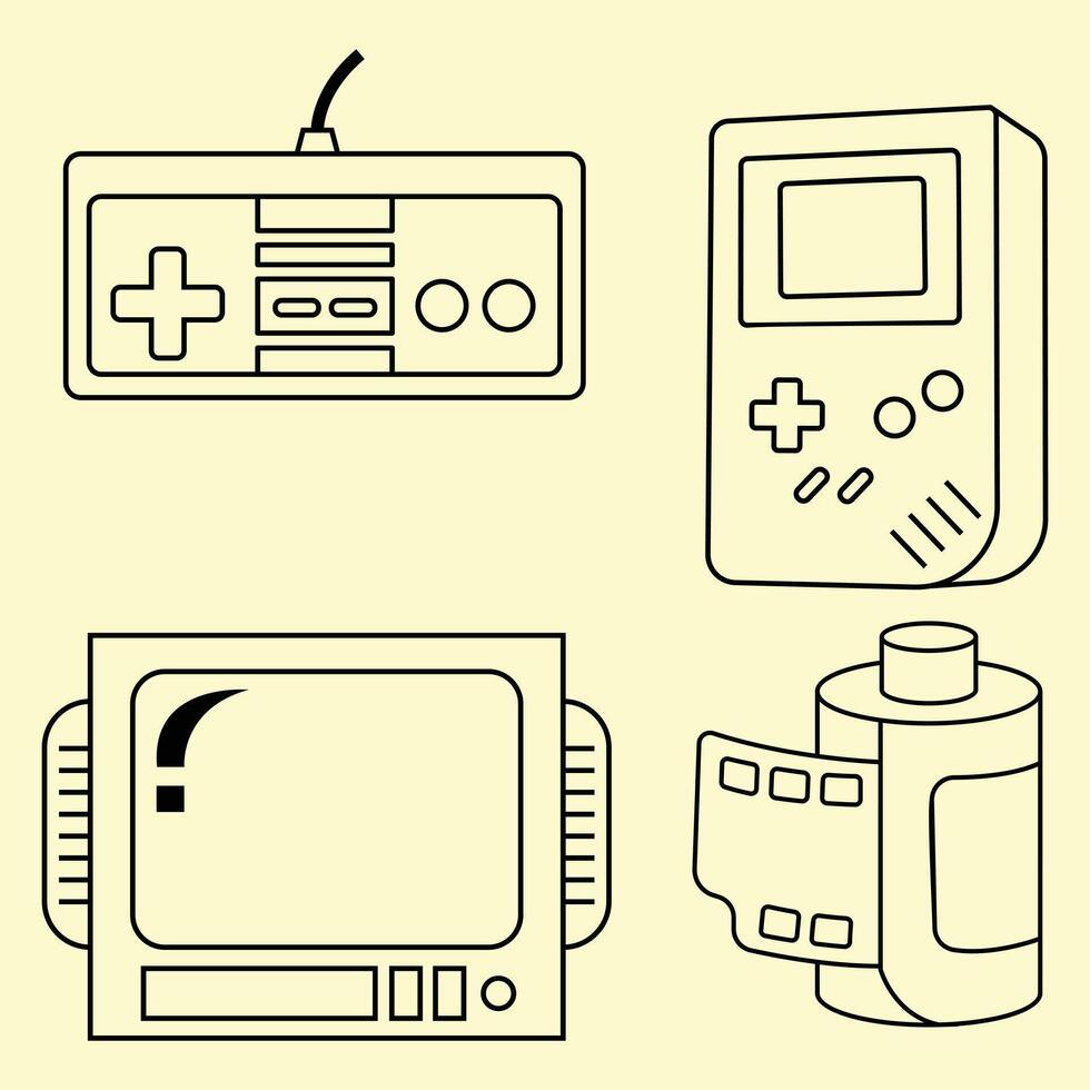 90s element set consisting of joystick, game console, tv monitor and analog camera film roll vector