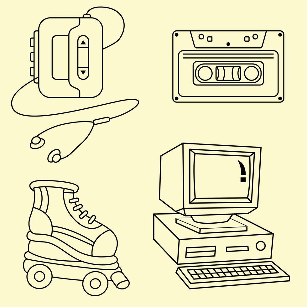 A set of 90s elements consisting of a cassette player or walkman, cassettes, inline skates, and an old-school computer. vector