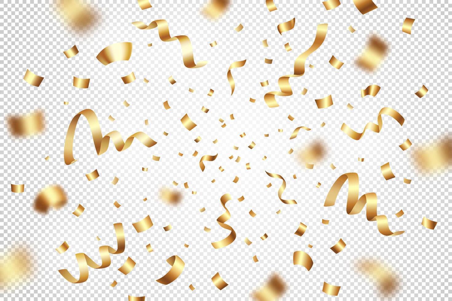 Festive illustration of flying exploding shiny gold foil confetti and tinsels on a light background. Suitable for holiday poster, Christmas greeting card, wedding or birthday invitation vector