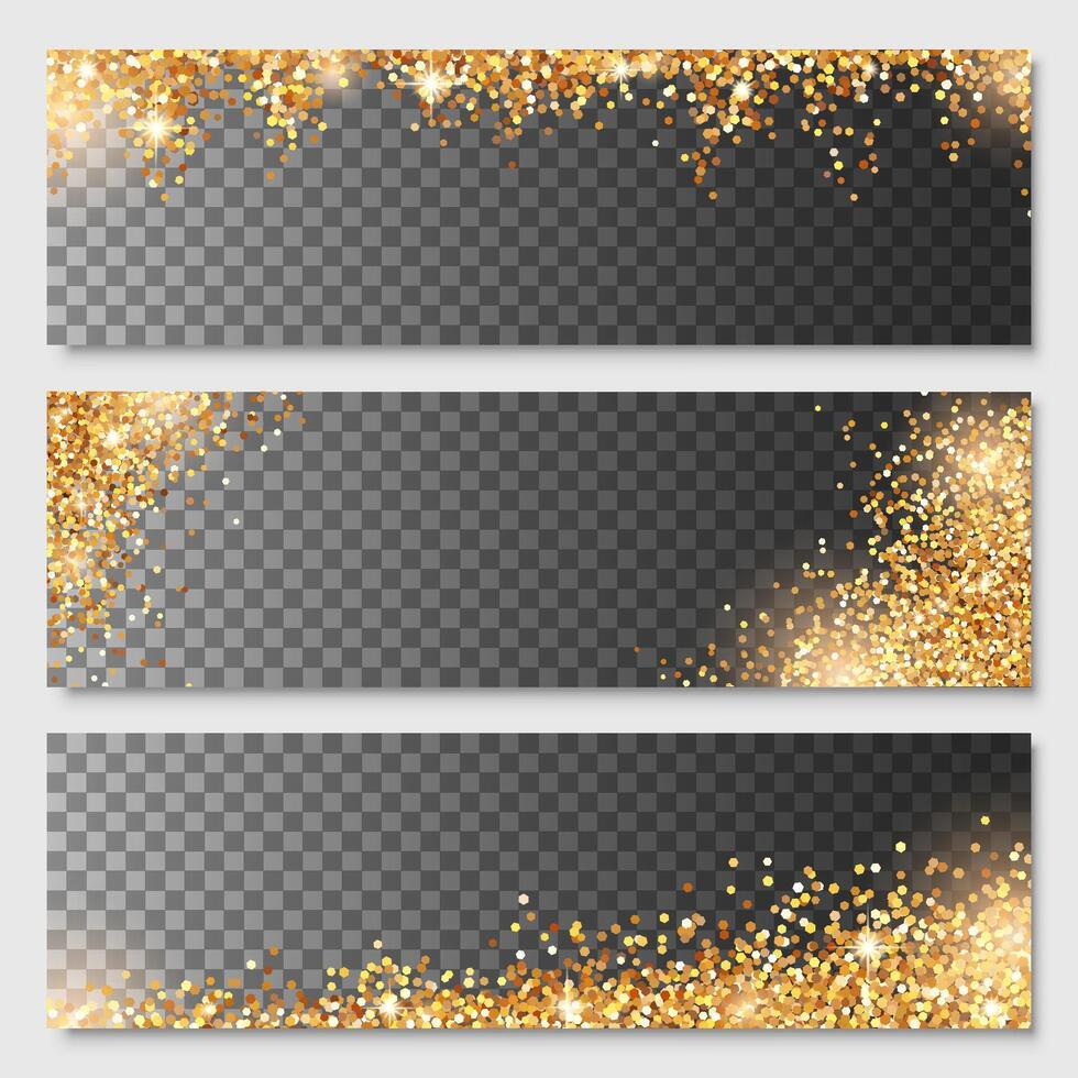 illustration of gold glitter border templates isolated on dark background. Set of bright sparkling frames with glowing particles for website headers, banners, posters, party invitations. vector