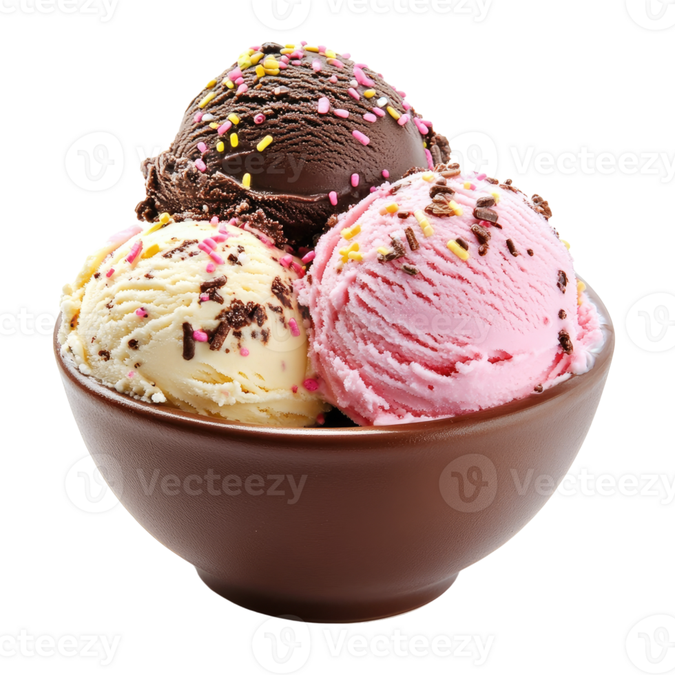 A bowl of ice cream with three scoops of different flavors png