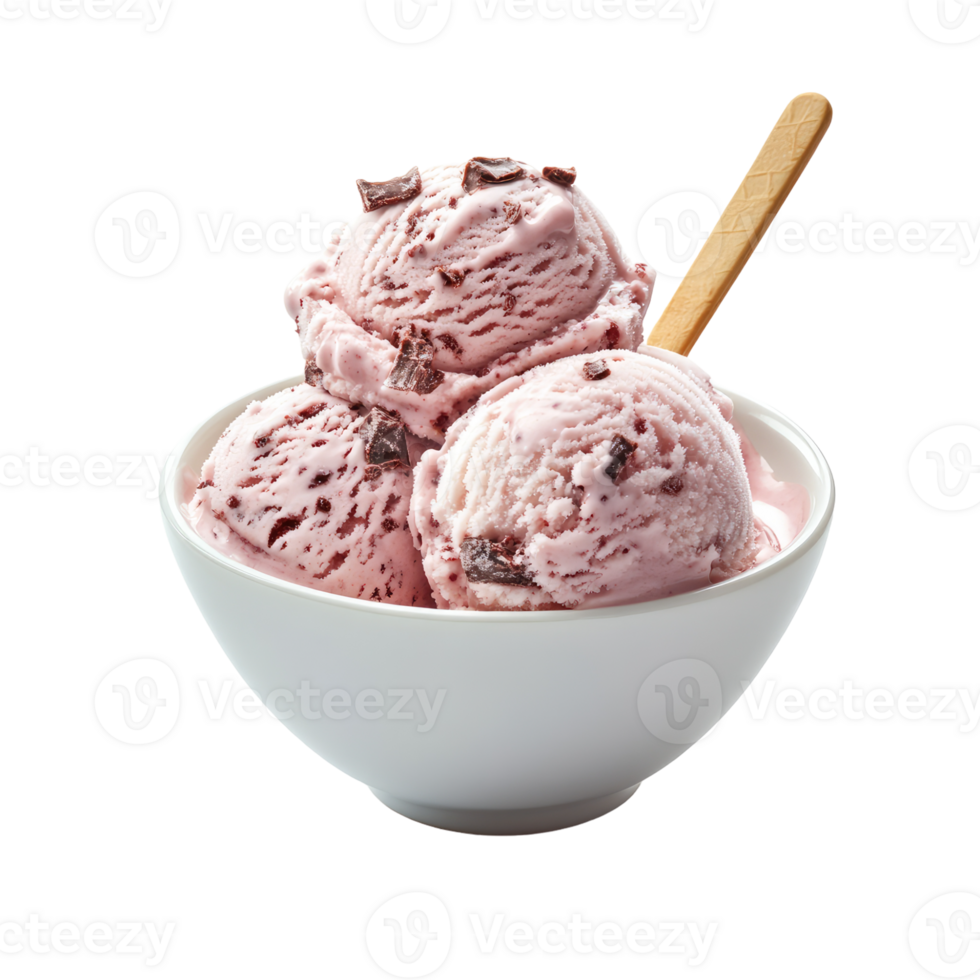 A bowl of ice cream with chocolate chunks png