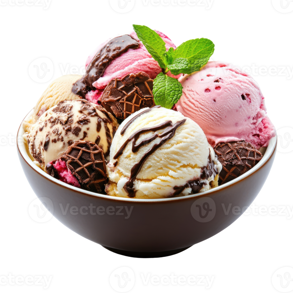 A bowl of ice cream with chocolate, vanilla and strawberry toppings png