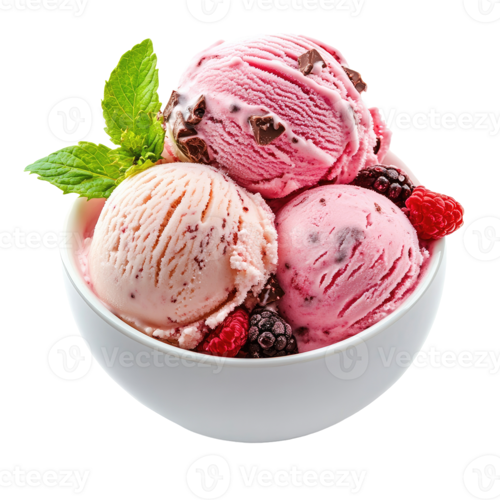 Three scoops of ice cream with berries and chocolate chips png