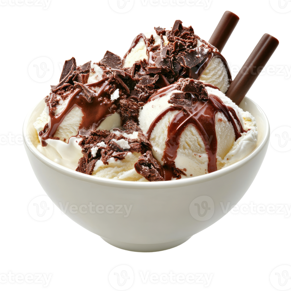 A bowl of ice cream with chocolate sauce and chocolate syrup png