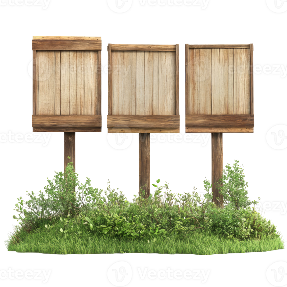 Three wooden signs with grass and plants png