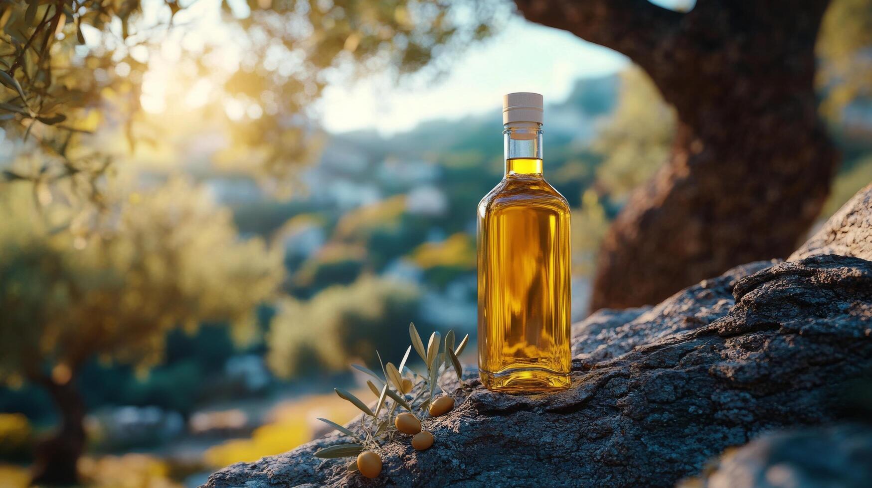 Golden olive oil bottle on an olive tree with lush greenery in the background during sunset photo