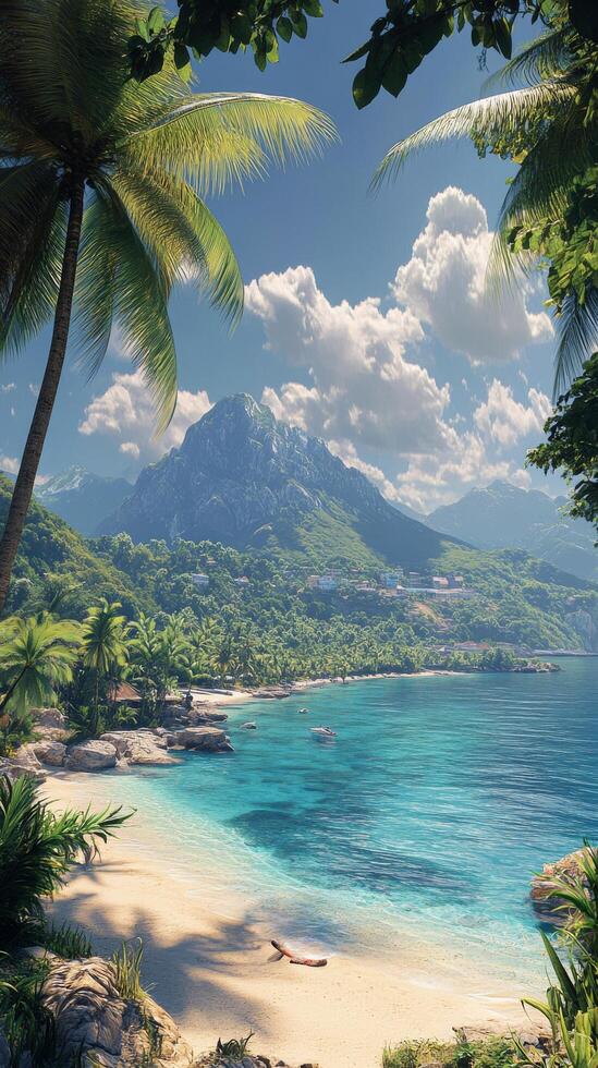 Serene tropical beach with clear turquoise waters and lush palm trees on a sunny day photo