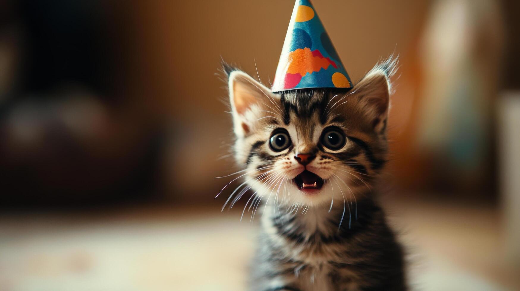Adorable kitten wearing a colorful party hat at a festive indoor celebration in daylight photo
