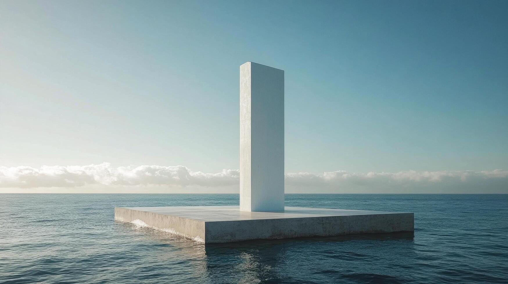 A minimalistic white obelisk reflecting in the tranquil blue waters under a clear sky at dawn photo