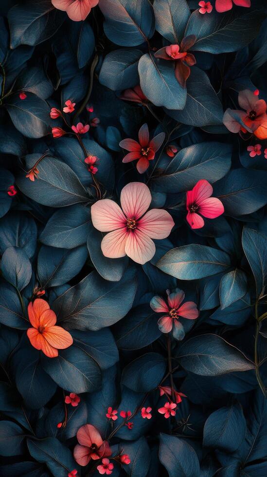 A vibrant collection of blue and orange flowers surrounded by dark green leaves in nature photo
