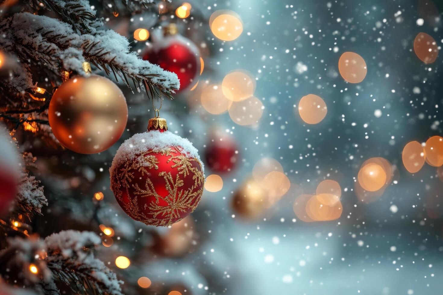 Festive holiday decorations with snowflakes falling in a cozy winter setting photo