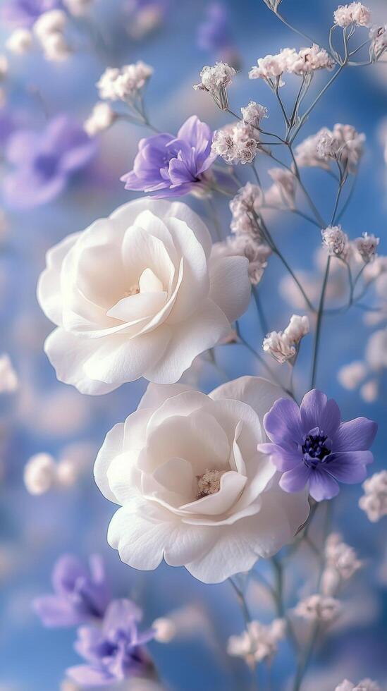 Beautiful arrangement of white and lavender roses with delicate filler flowers on blue background photo