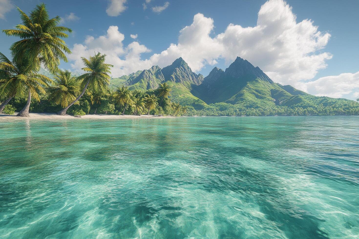 Stunning tropical beach with clear blue waters and lush mountains under a bright sunny sky photo