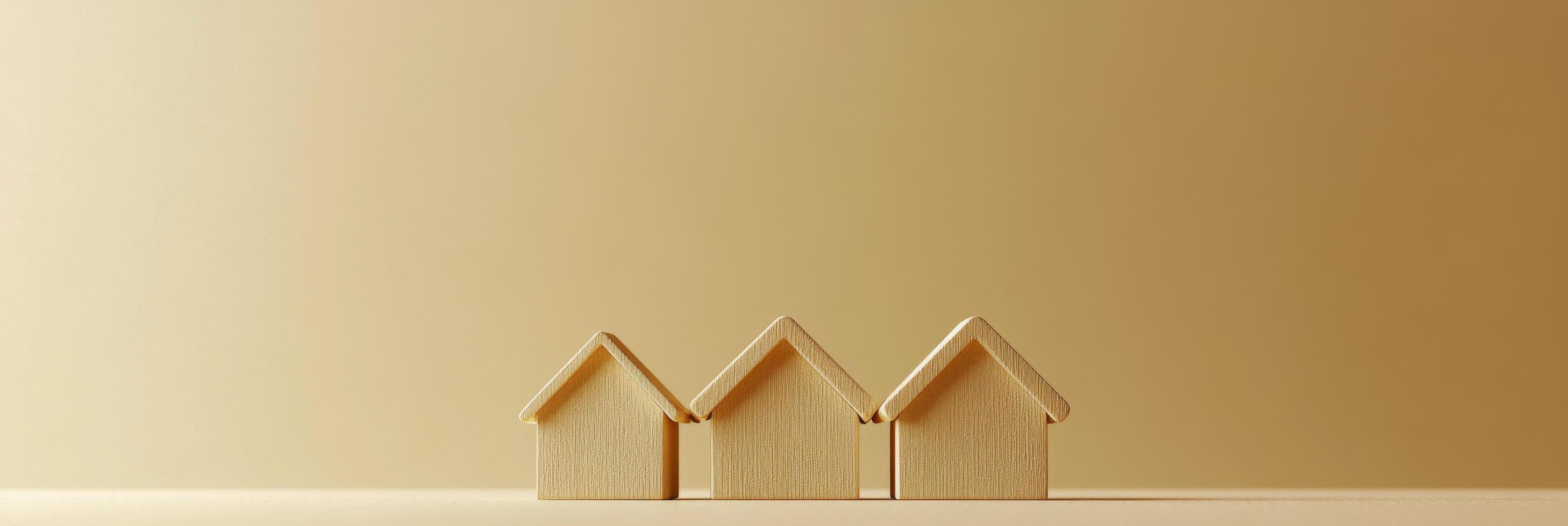 Wooden model houses on a smooth surface with a warm background in a calm interior setting photo
