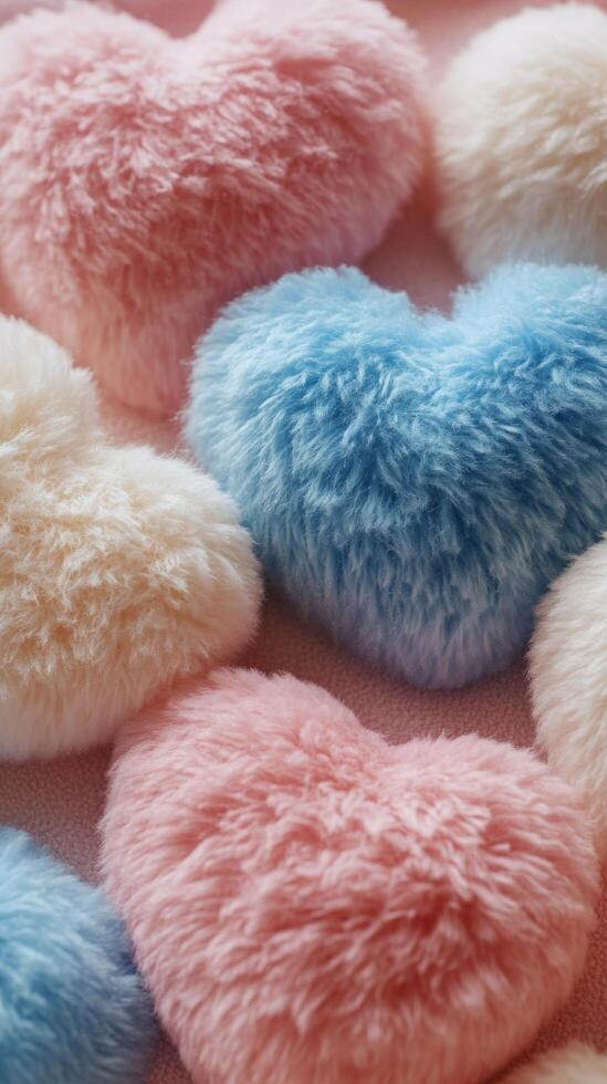 Colorful fluffy heart shaped decorations on a soft surface arranged with pastel colors photo