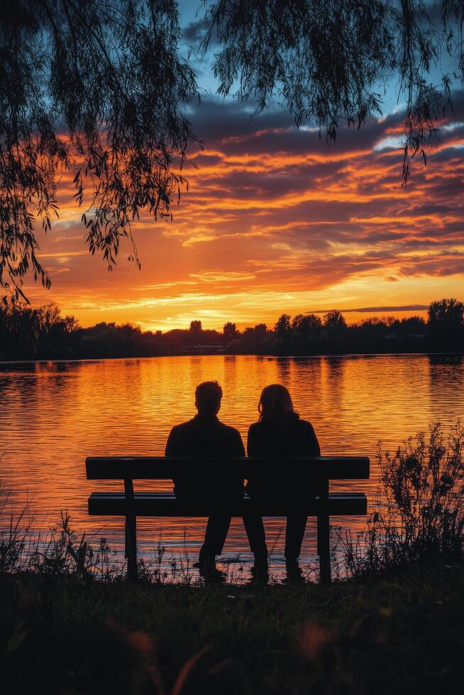 Couple enjoying a sunset while sitting on a bench in a peaceful park during autumn evening photo