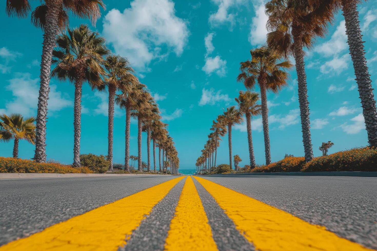 A tree lined road with palm trees under a bright blue sky during a sunny day photo