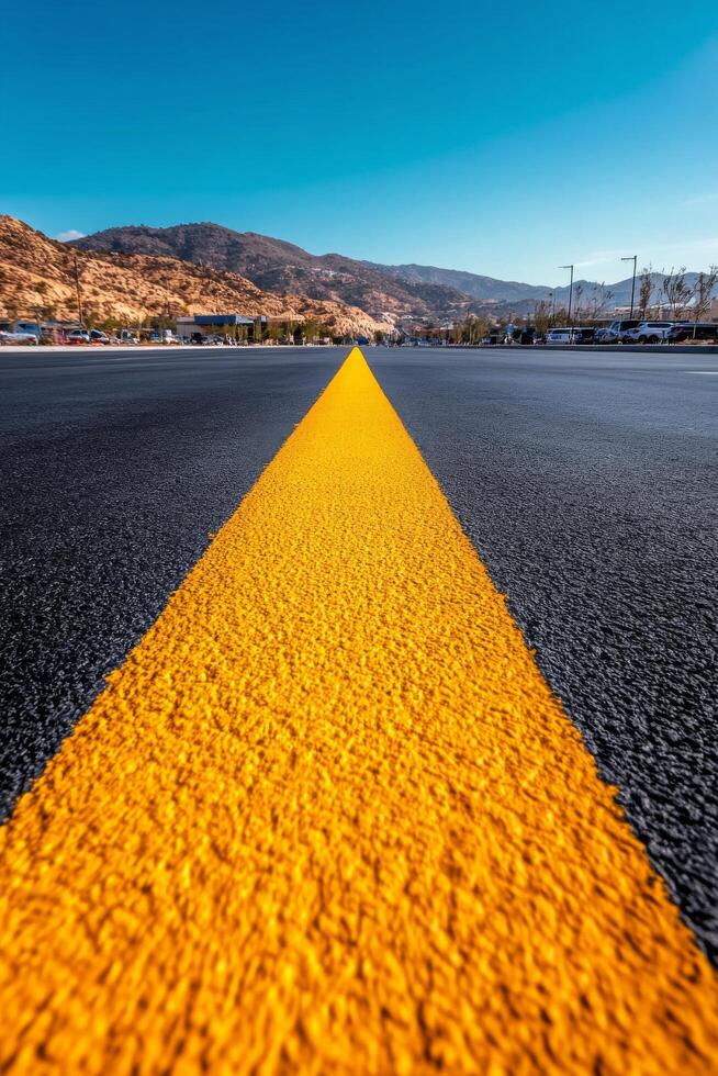 A long, empty street stretches into the distance, marked by a bright yellow center line photo