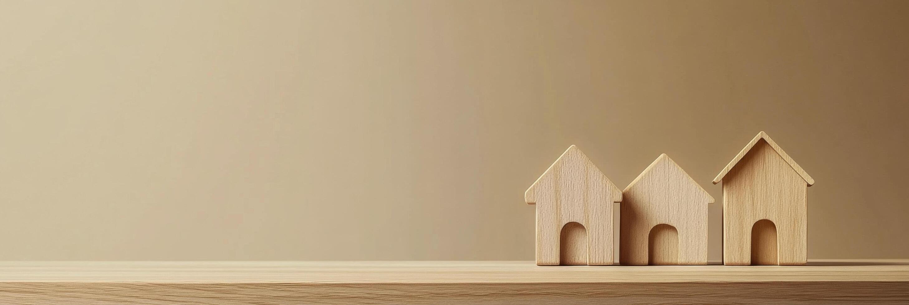 Wooden model houses on a smooth surface with a warm background in a calm interior setting photo