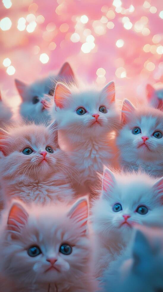 Group of fluffy kittens gazing upwards among colorful bubbles in a soft light setting photo