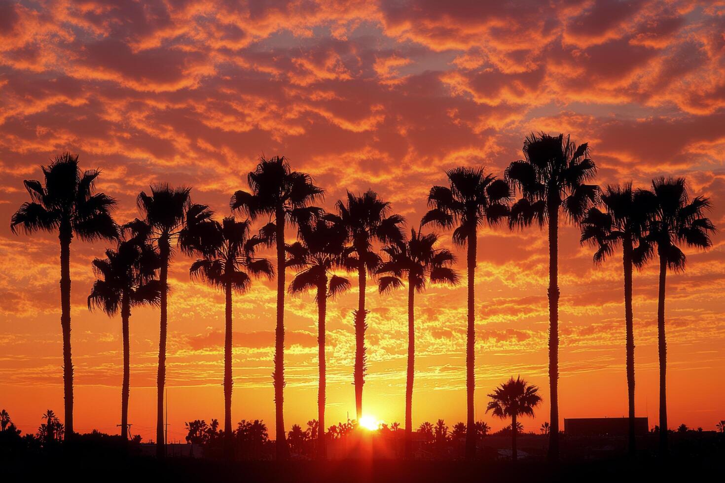 Sunset over palm trees along a coastal road with vibrant colors near the beach in summer photo