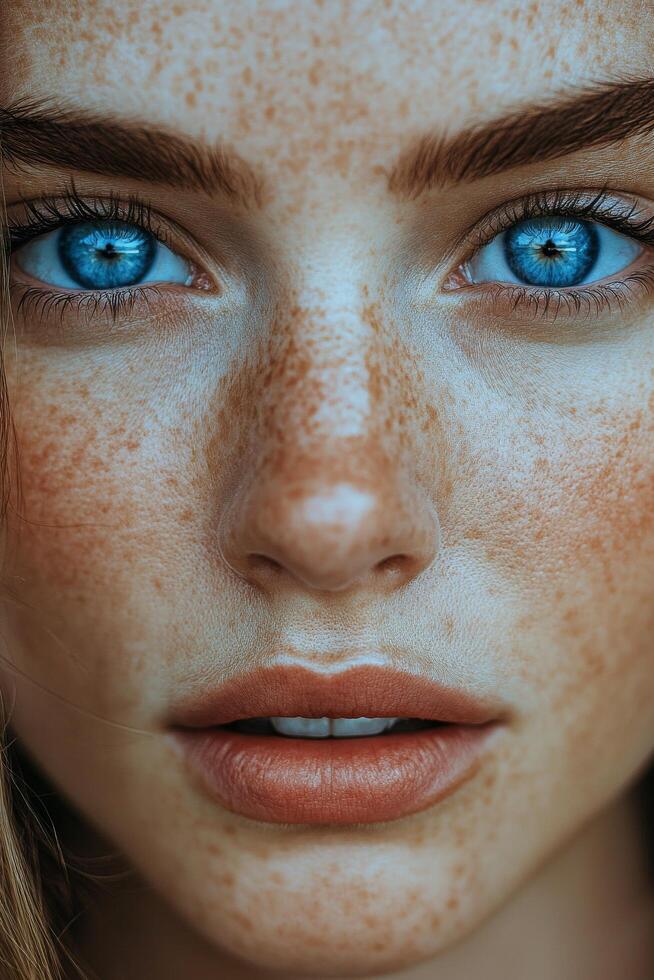 Close up view capturing a striking blue eye with detailed eyelashes and skin texture photo