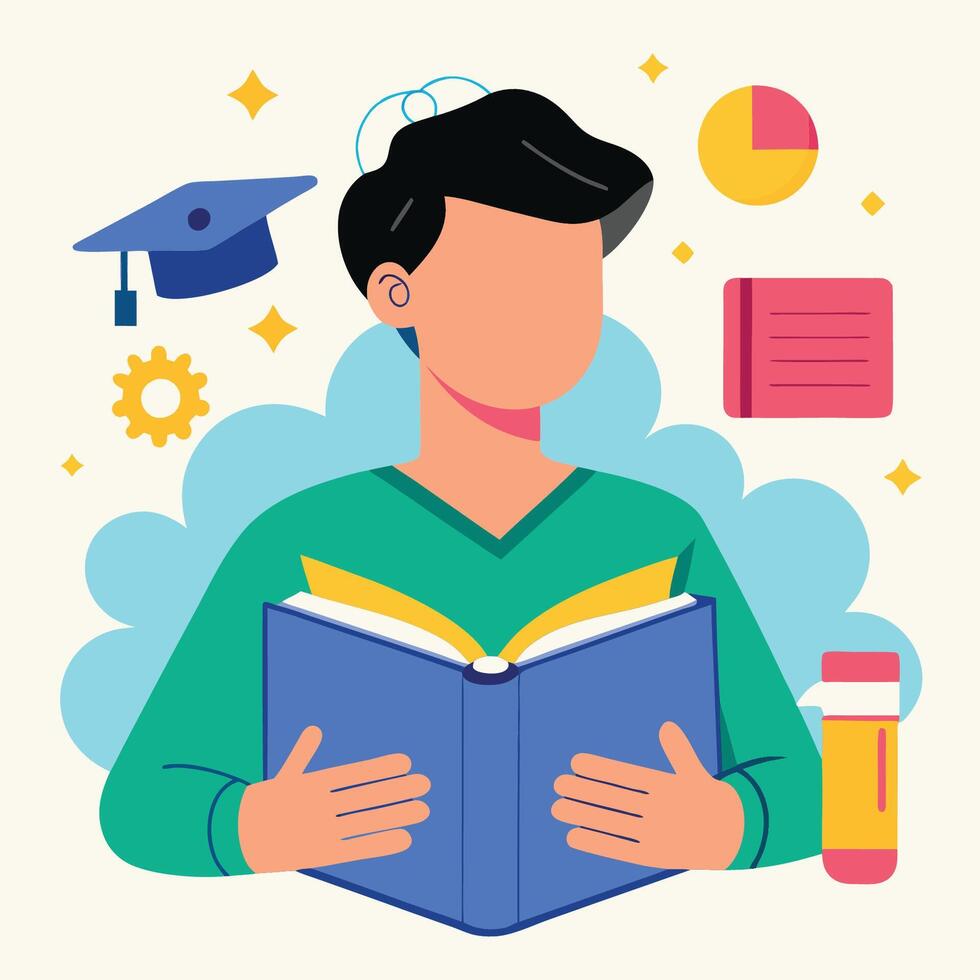 A boy holding book and reading flat illustration vector