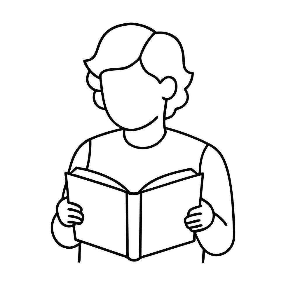 A boy reading a book in black outline illustration vector