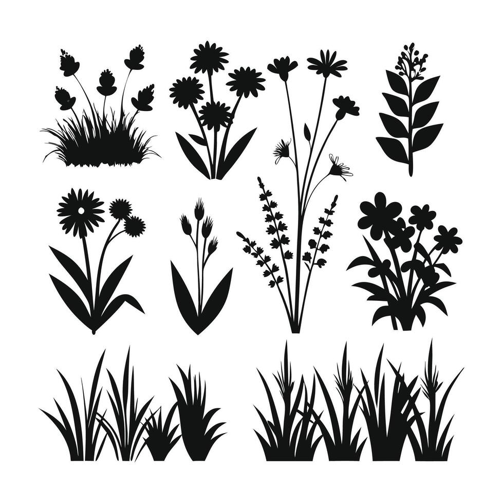 A set of plants with different shapes and sizes of flowers shilhouette design vector