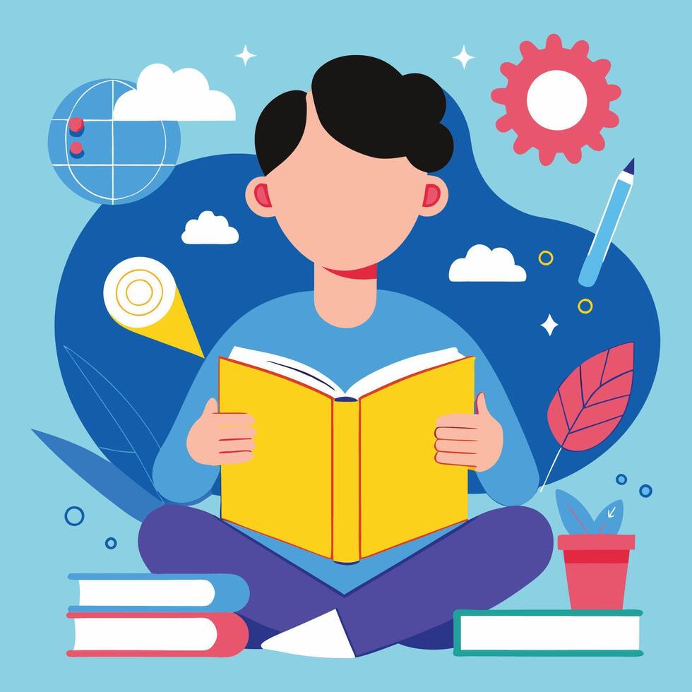 Cheerful boy reading book flat illustration vector