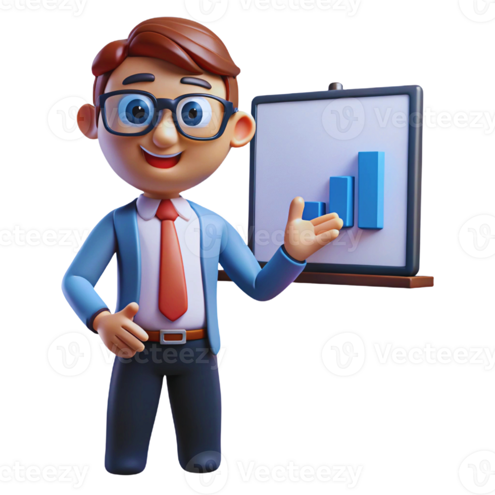3d cartoon man with glasses and tie standing next to a board with a graph png