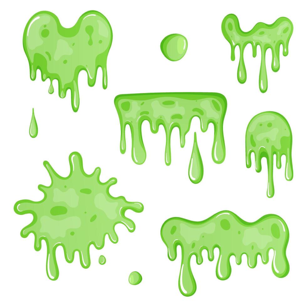 Cartoon slime splashes set on white. Green liquid toxic blots. Bright decoration for Halloween. vector