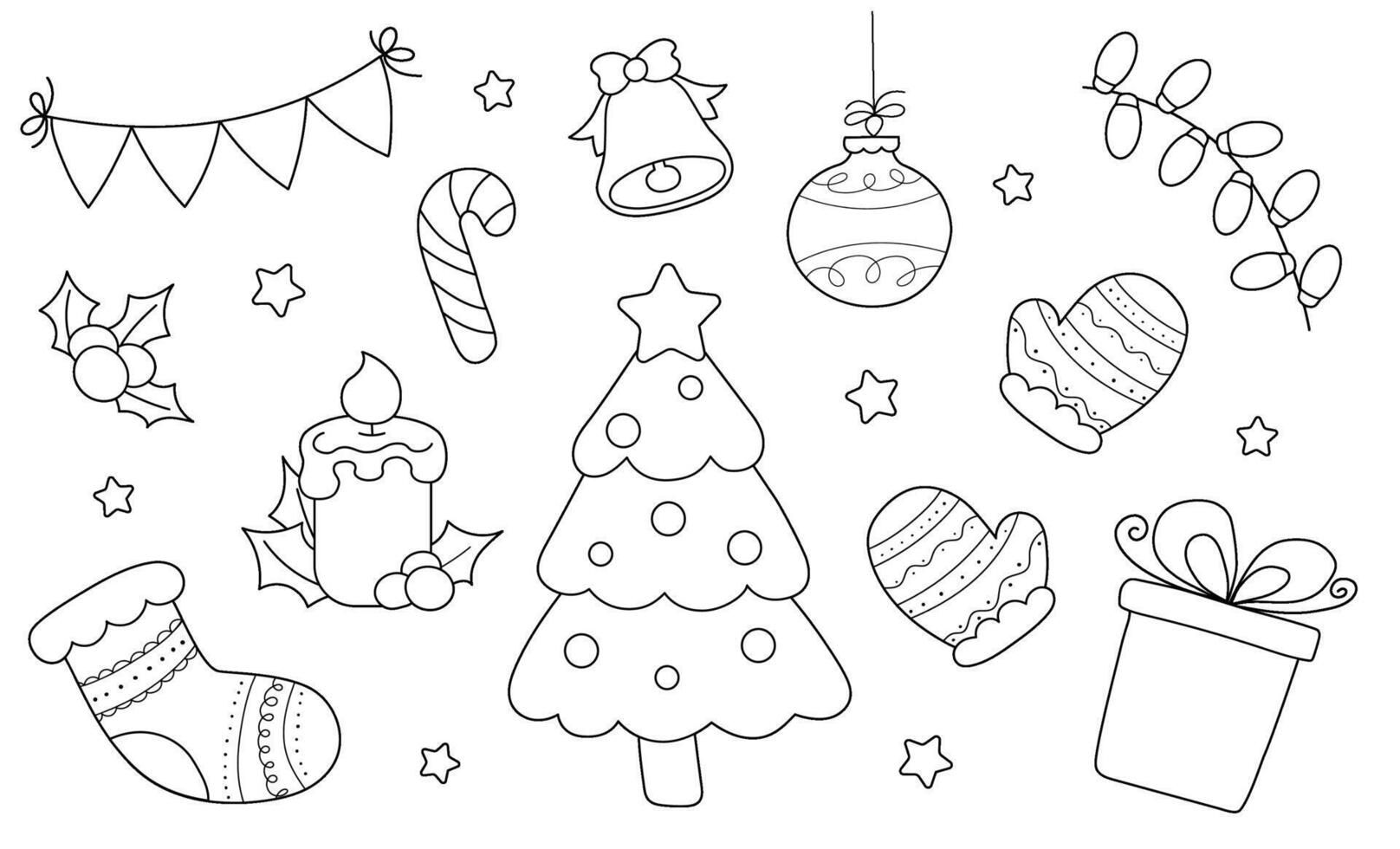 Black and white Christmas coloring pages for kids. A set of Christmas doodle elements and decorations. vector