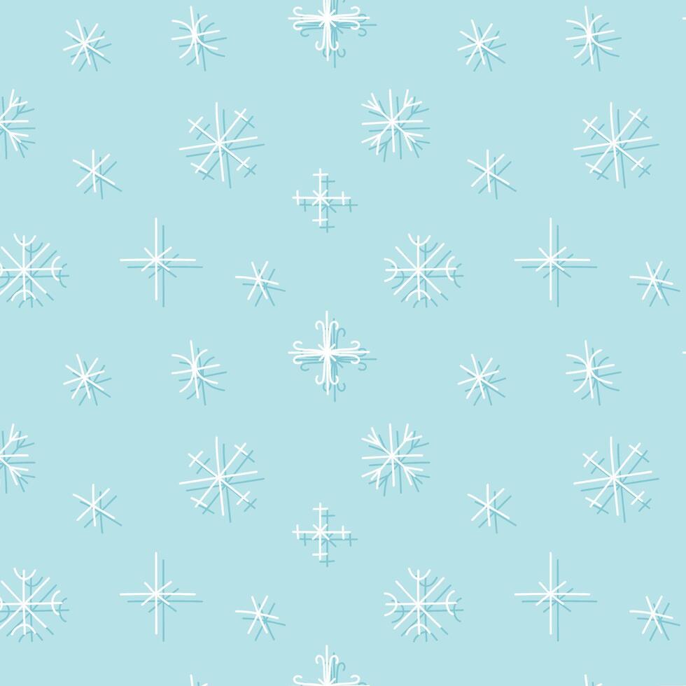 White doodle snowflakes with shadow on blue seamless pattern. Winter holiday design for decoration, card, flyer vector