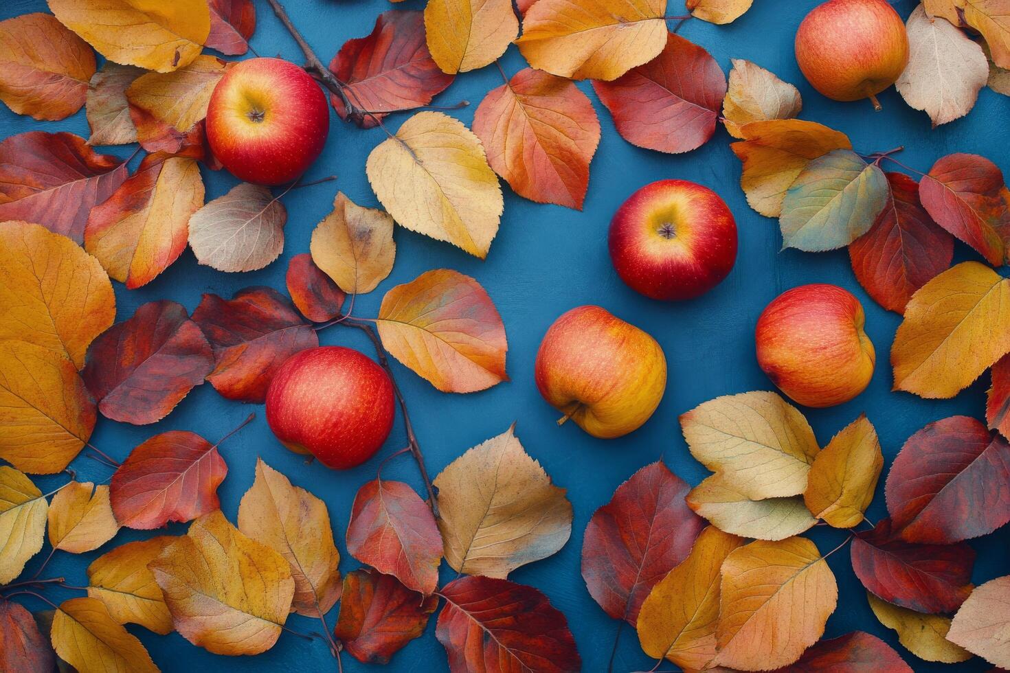Colorful autumn apples surrounded by vibrant leaves on a textured blue surface in natural light photo