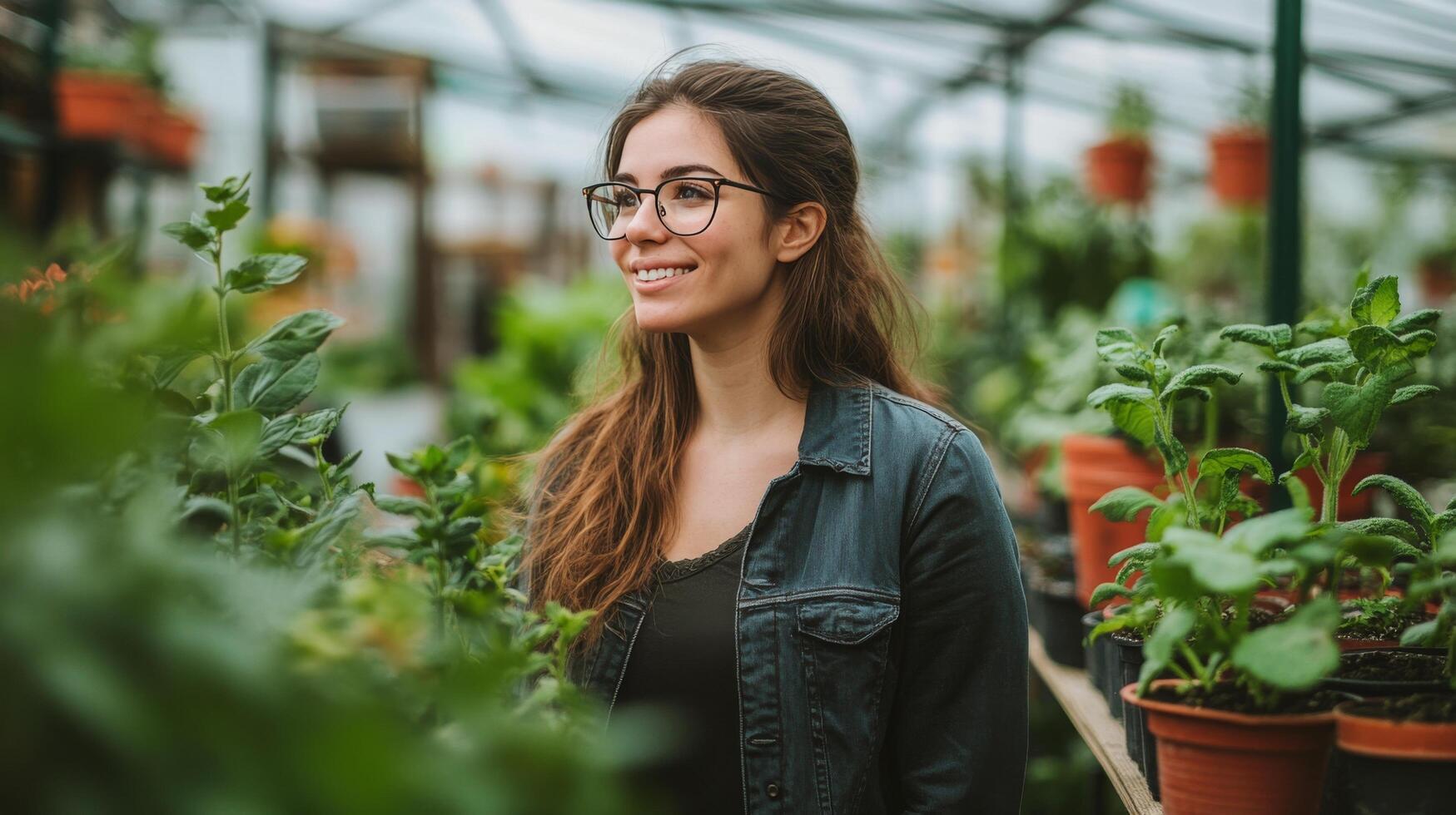 Young woman tending to plants in a vibrant greenhouse on a sunny day photo