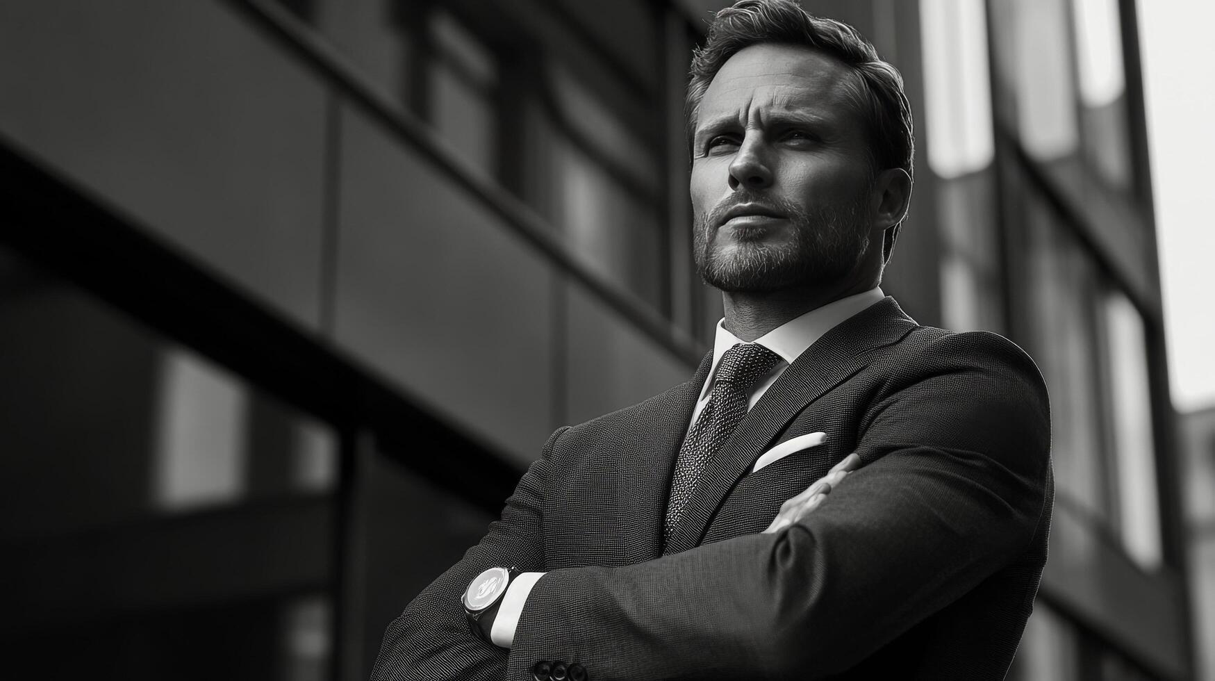 Stylishly dressed businessman stands confidently with arms crossed in a modern corporate setting photo