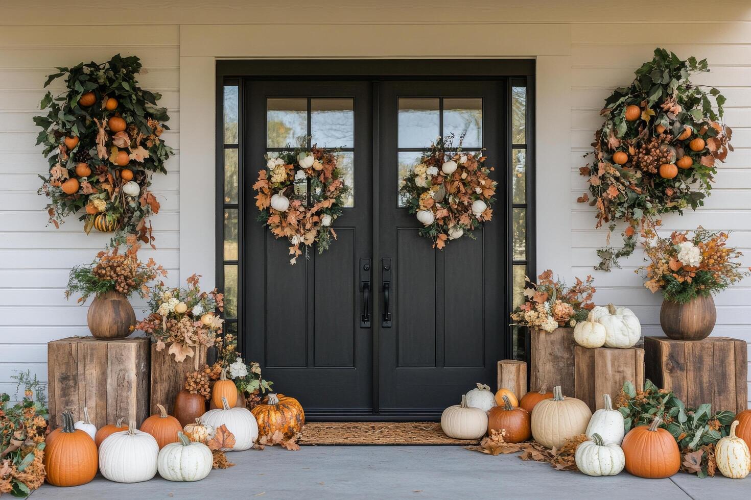 A beautifully decorated entrance with pumpkins and autumn foliage in a seasonal display photo