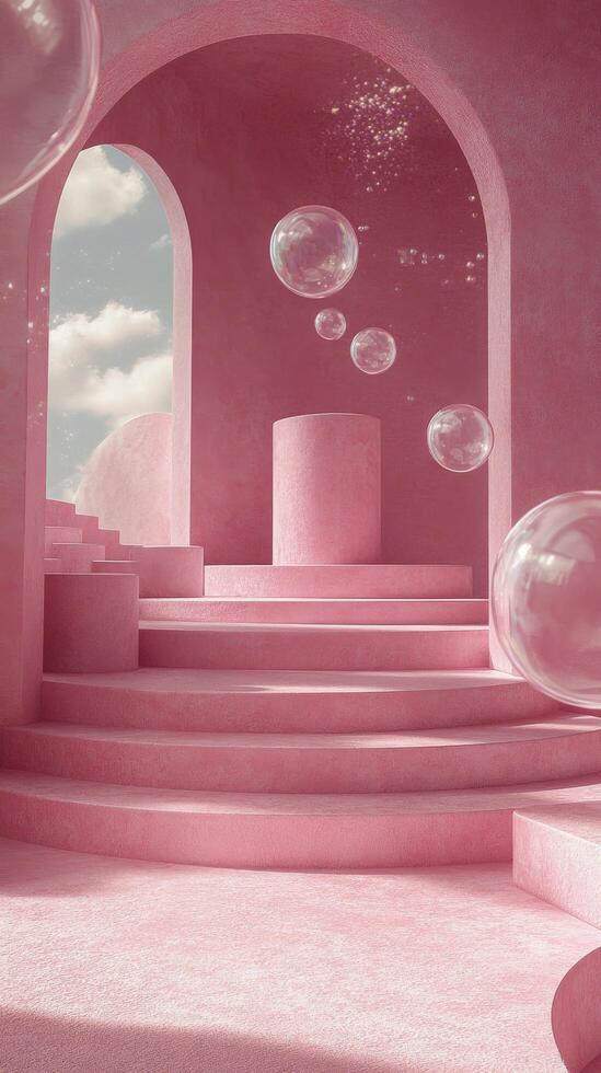 Bright pink interior with floating bubbles and sunlight streaming through a window photo