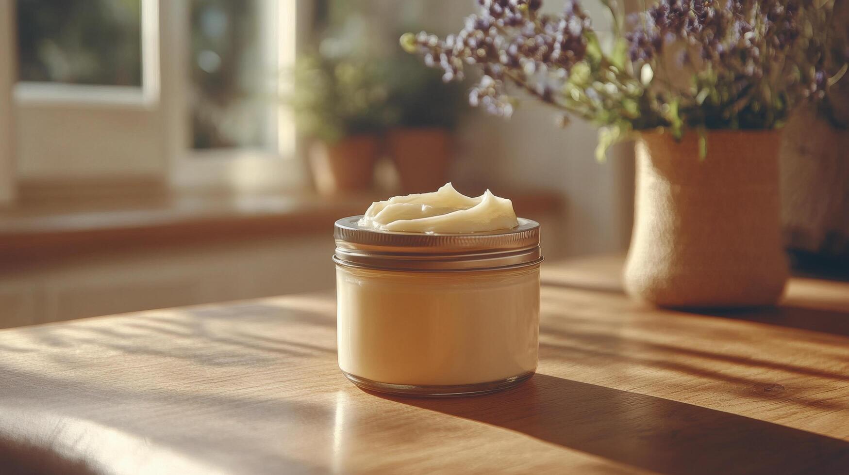 Whipped cream in a glass jar on an aged wooden table photo