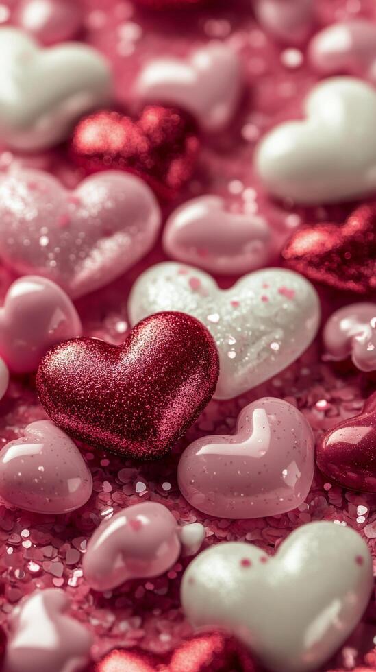 Colorful heart shaped decorations with sparkling elements on a light pink background photo