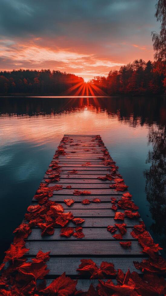 Autumn sunset reflects on calm lake with wooden dock covered in red leaves photo