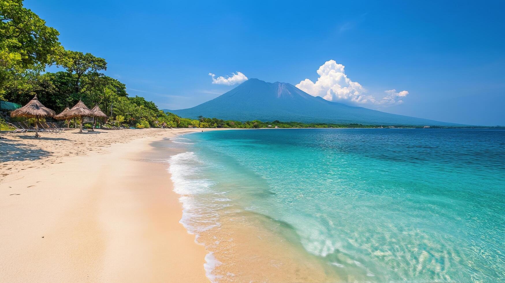 Calm coastal landscape featuring clear waters and a distant mountain range on a sunny day photo