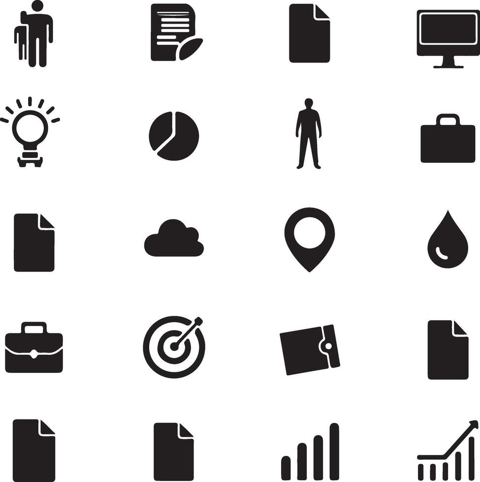 Collection of 20 black and white icons representing various business concepts such as people, documents, technology, finance, and growth vector