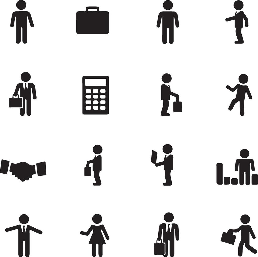 silhouette icons representing business people and objects, including people in suits, briefcases, a calculator, a handshake, and a bar chart vector