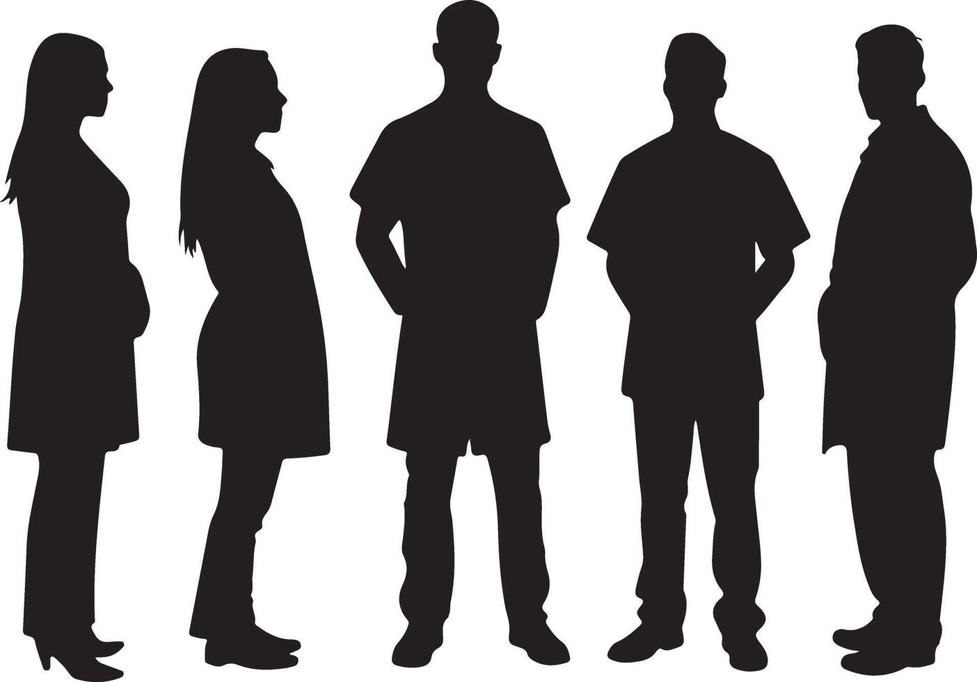 A black and white image depicting four silhouettes of people standing in a row vector
