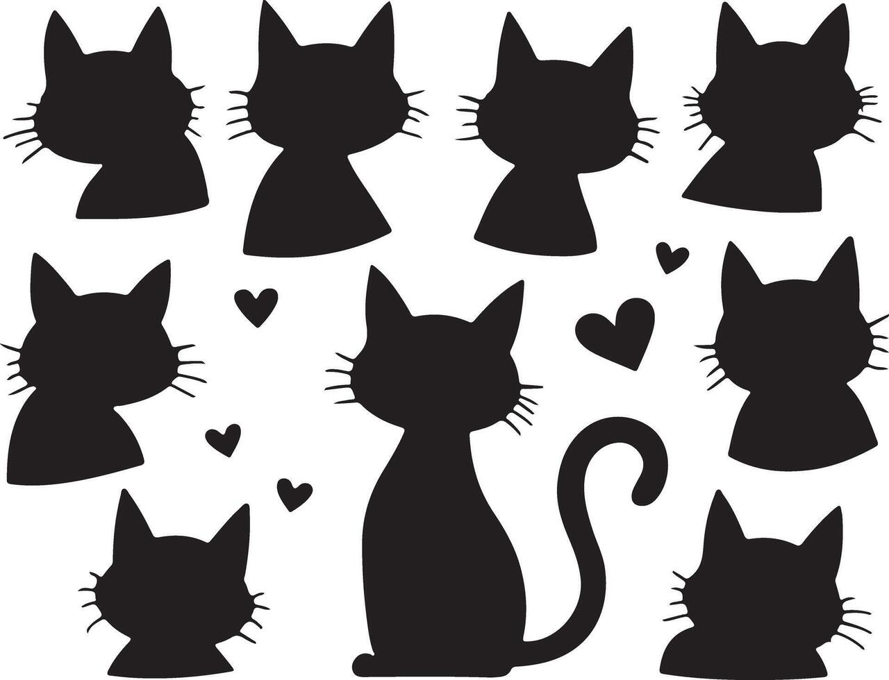 An illustration featuring nine black cat silhouettes in various poses, including a cat with a curled tail, and scattered hearts vector